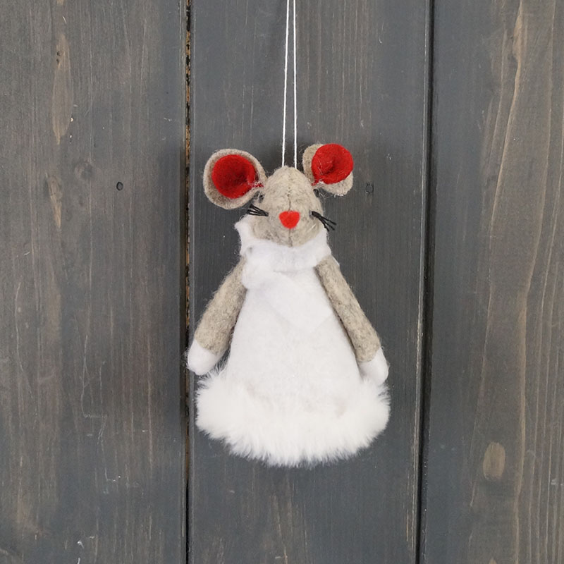 Hanging Fabric Mouse in a White Christmas Dress (9cm) detail page